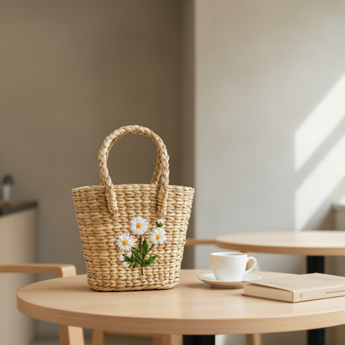 Handmade Woven Wooden Handbag with White Daisy Embroidery