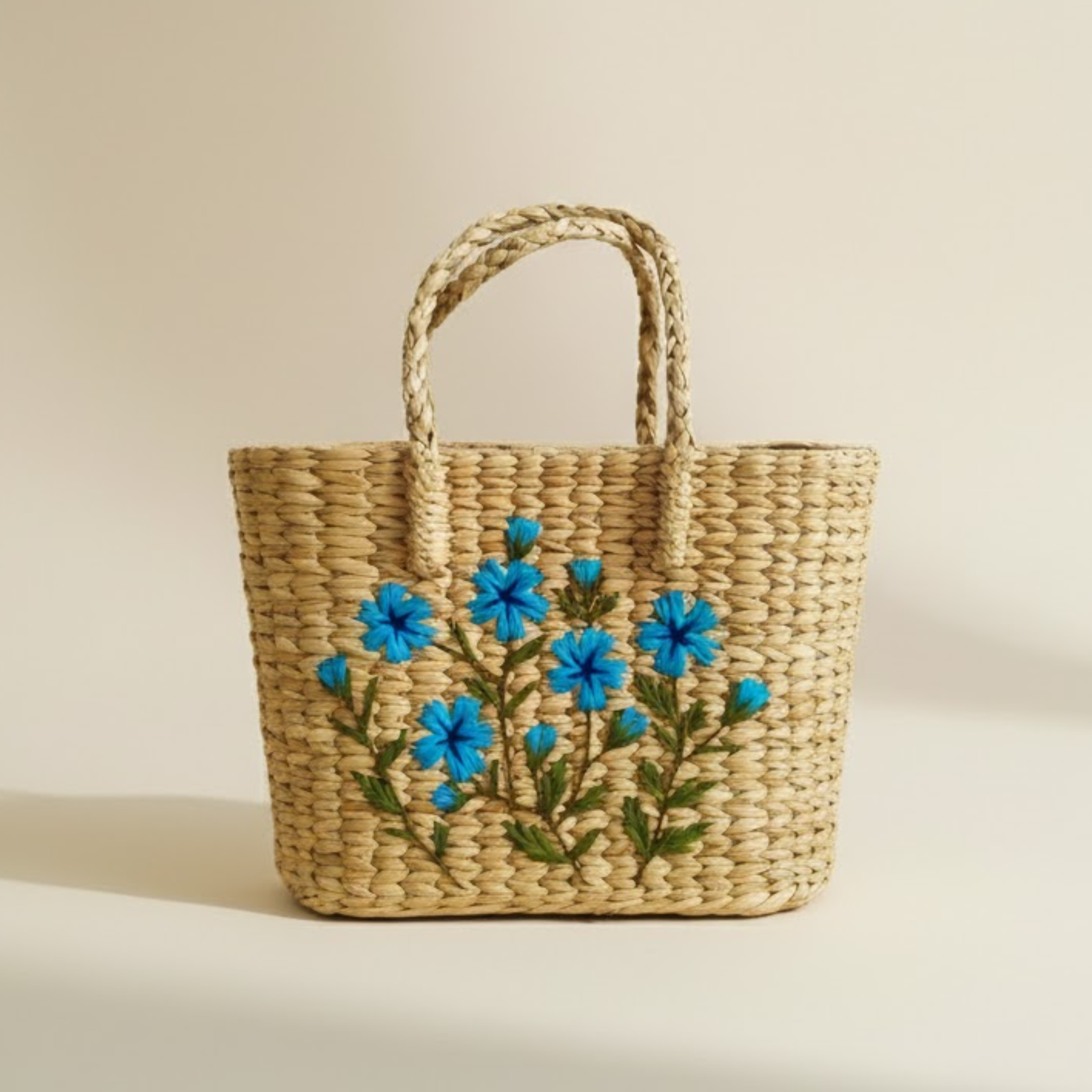 Handmade Straw Tote Bag with Blue Floral Embroidery – Eco-Friendly Summer Beach Purse