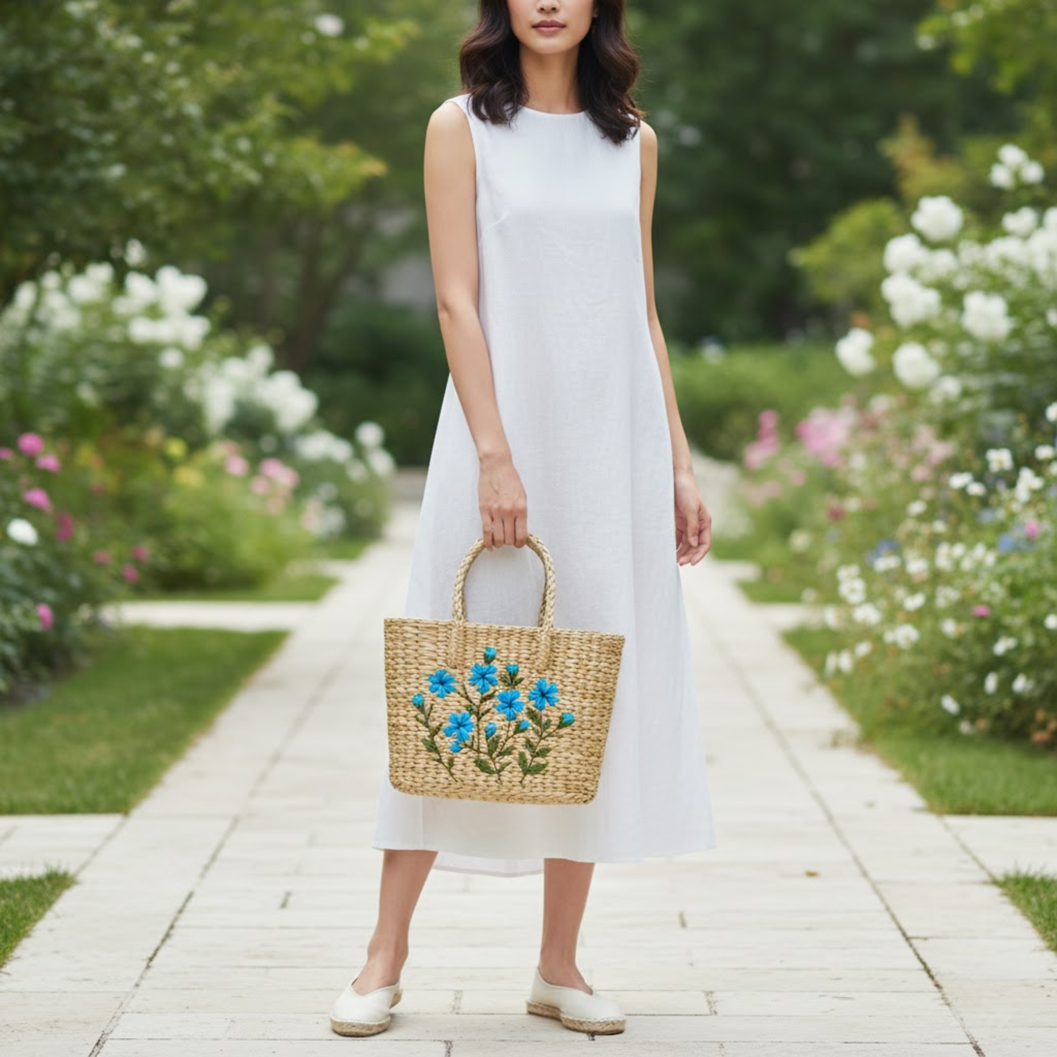 Handmade Straw Tote Bag with Blue Floral Embroidery – Eco-Friendly Summer Beach Purse