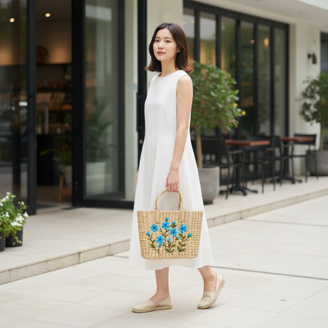 Handmade Straw Tote Bag with Blue Floral Embroidery – Eco-Friendly Summer Beach Purse