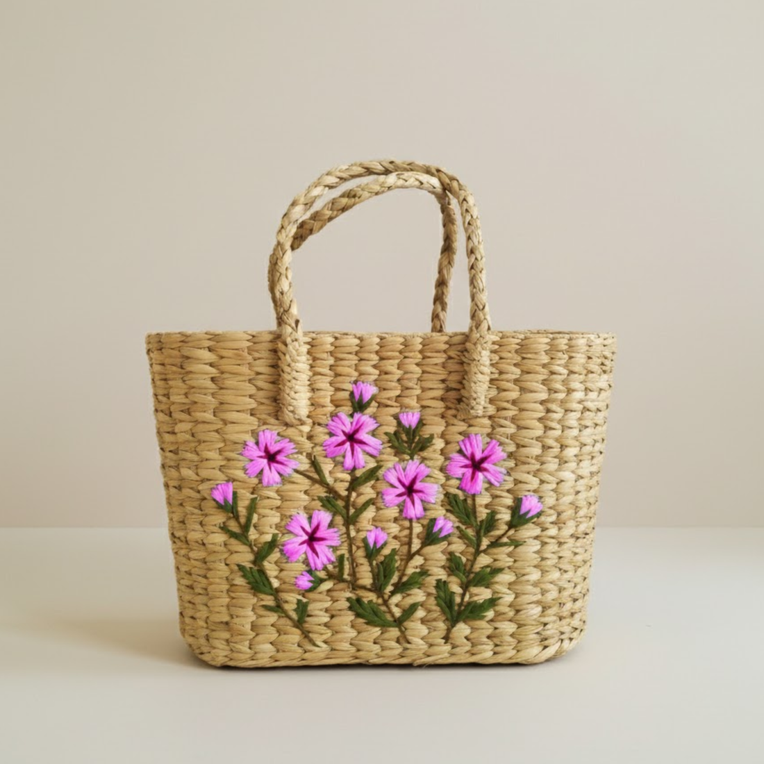 Handmade Woven Wooden Handbag with Pink Blossom Embroidery