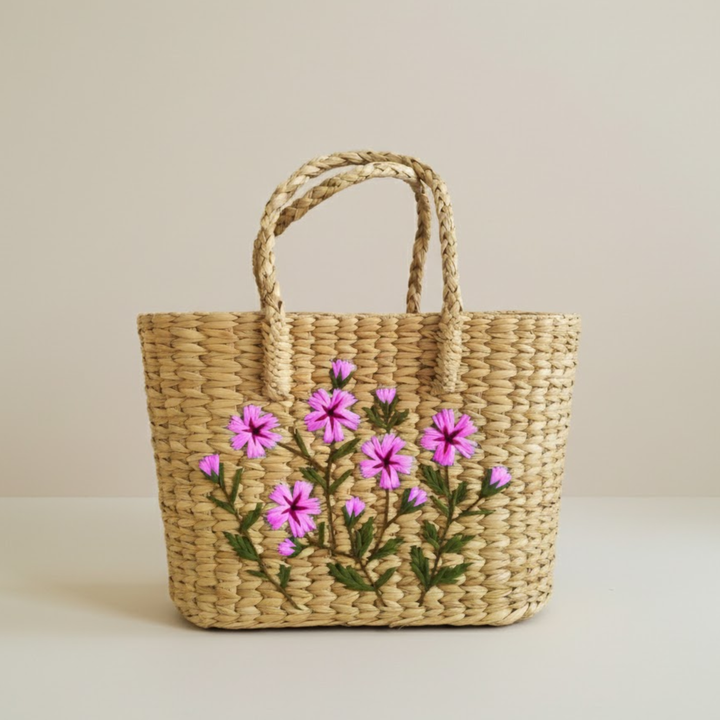 Handmade Woven Wooden Handbag with Pink Blossom Embroidery