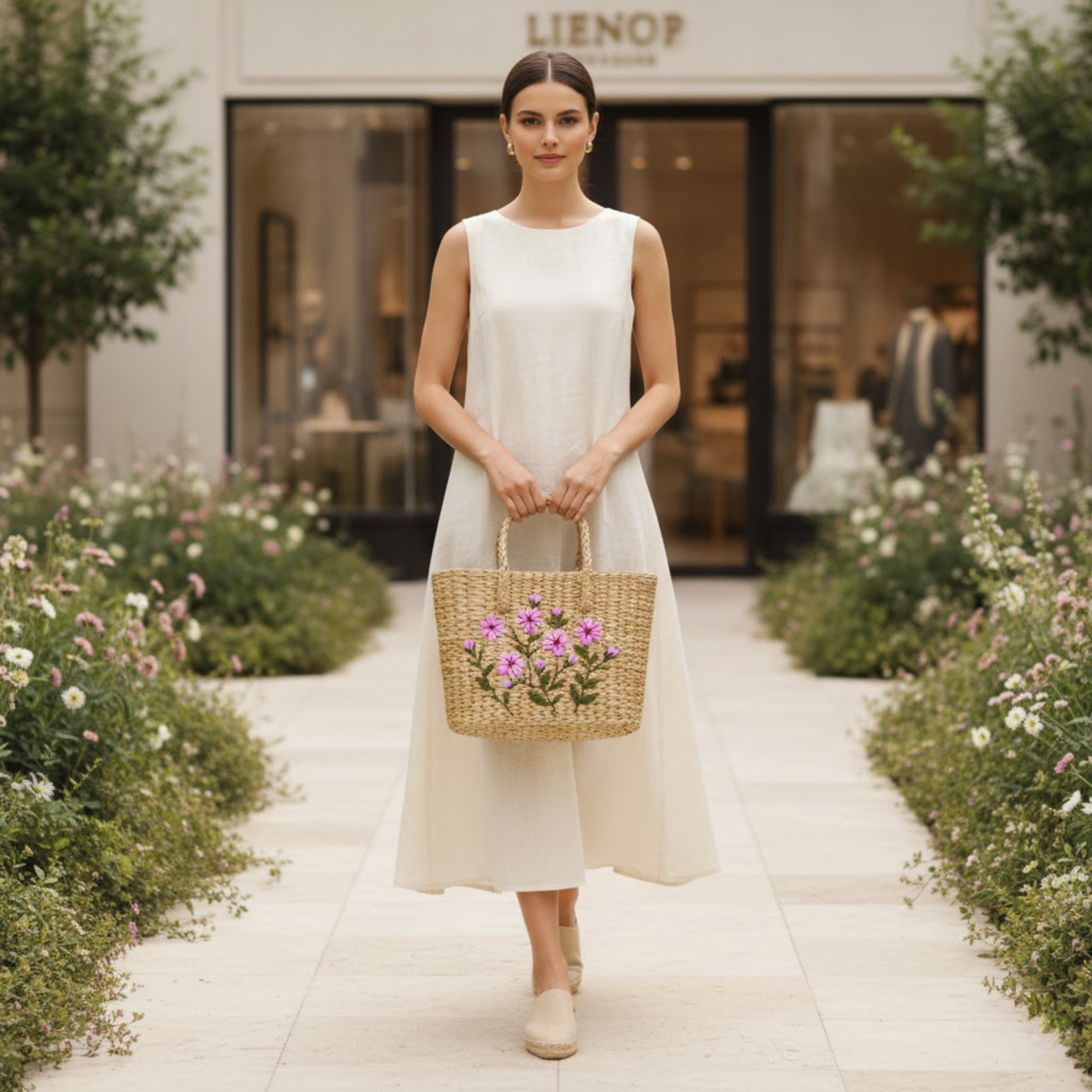 Handmade Woven Wooden Handbag with Pink Blossom Embroidery