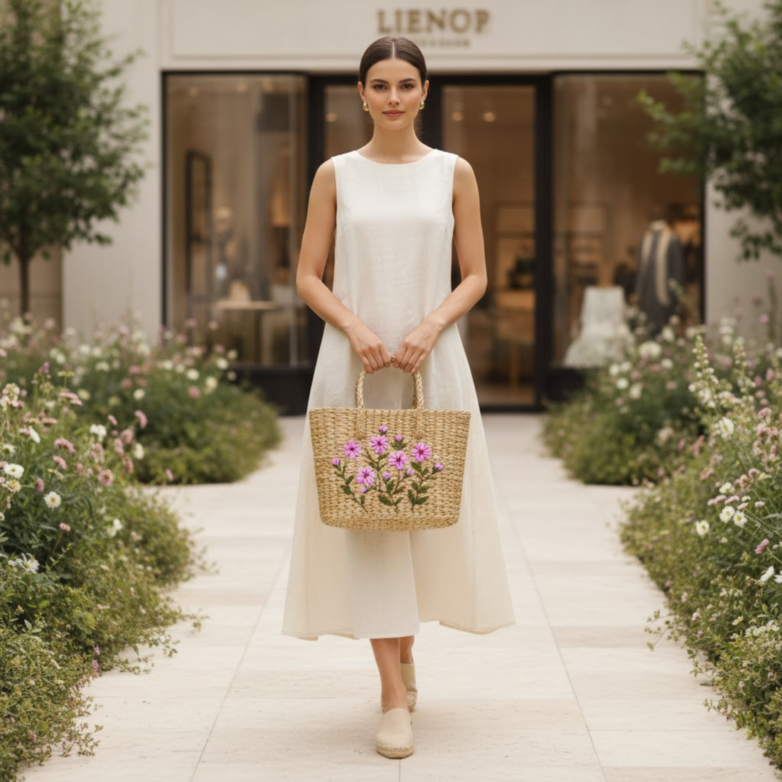 Handmade Woven Wooden Handbag with Pink Blossom Embroidery