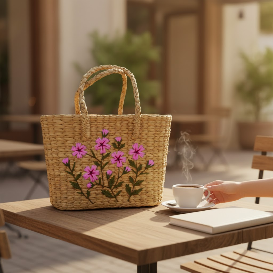 Handmade Woven Wooden Handbag with Pink Blossom Embroidery