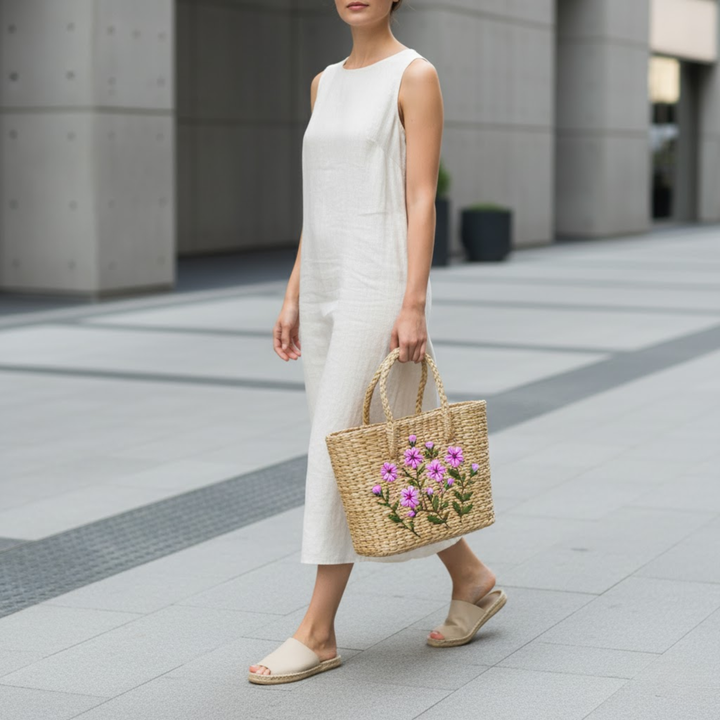 Handmade Woven Wooden Handbag with Pink Blossom Embroidery