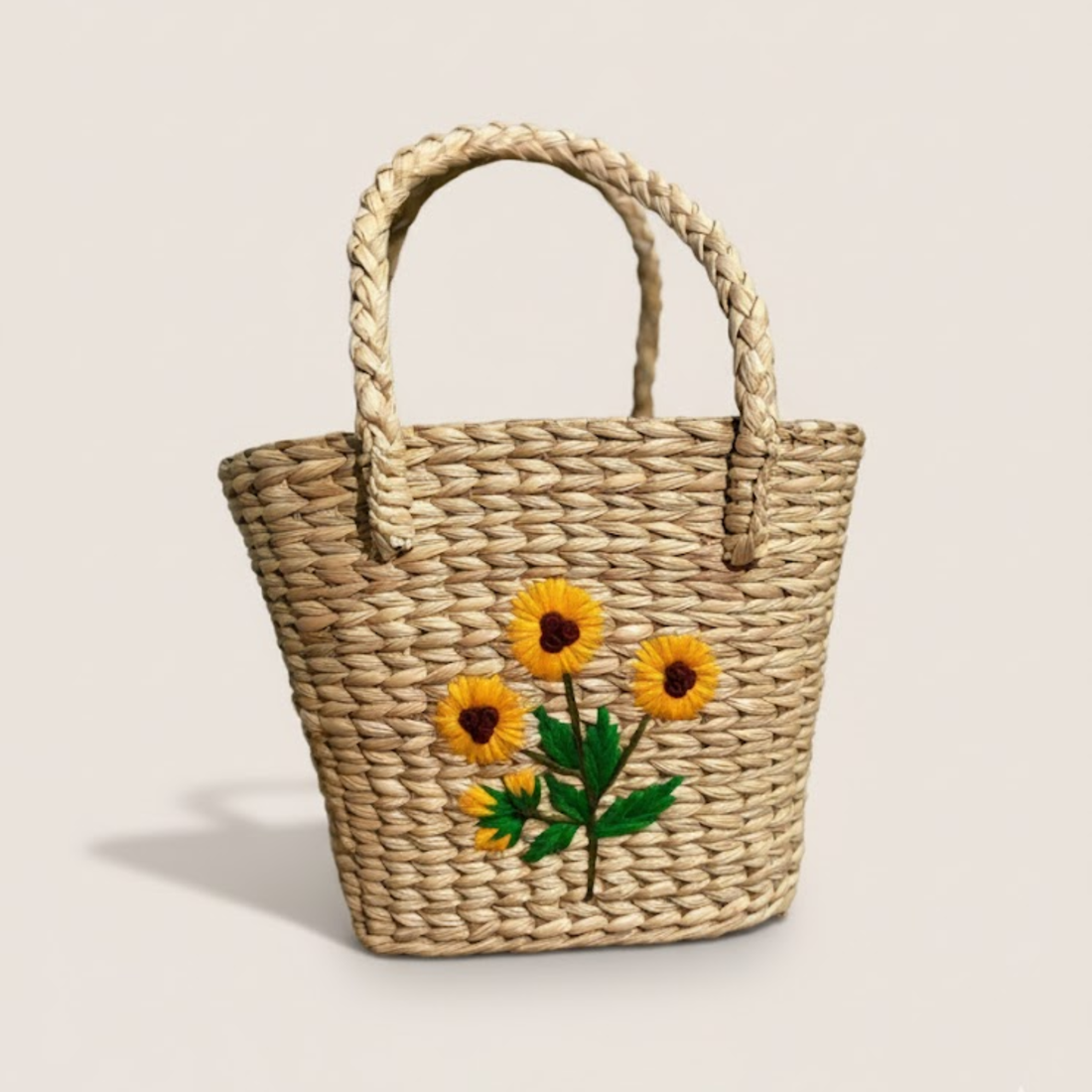 Handmade Woven Wooden Handbag with Yellow Floral Embroidery