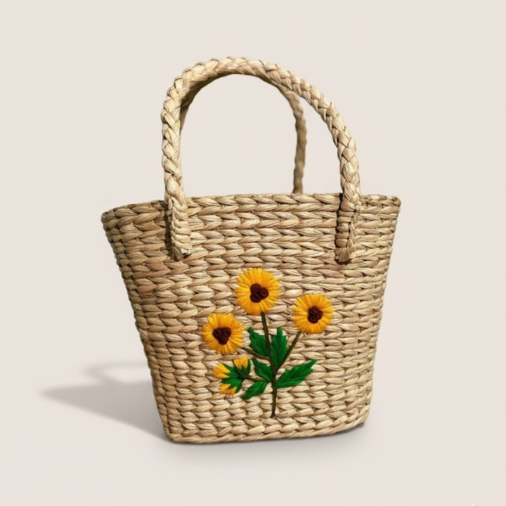 Handmade Woven Wooden Handbag with Yellow Floral Embroidery
