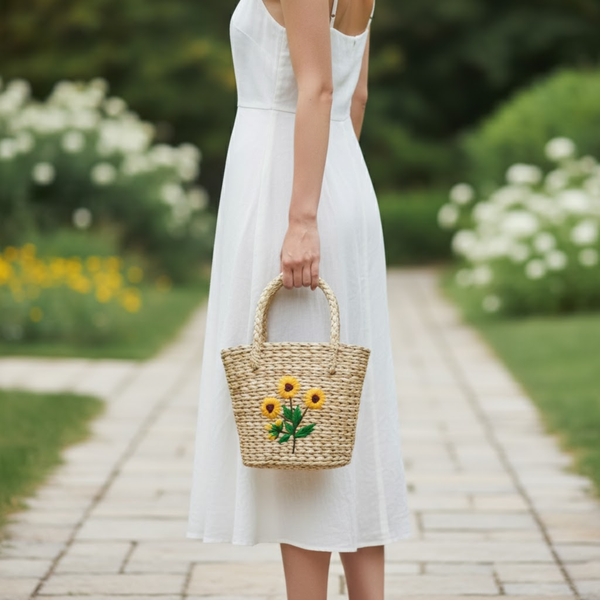 Handmade Woven dry grass Handbag with Yellow Floral Embroidery