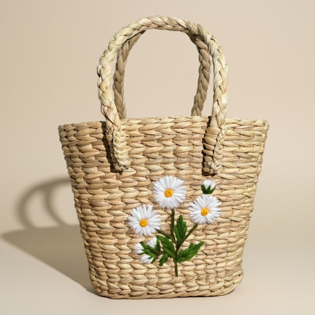Handmade Woven Wooden Handbag with White Daisy Embroidery