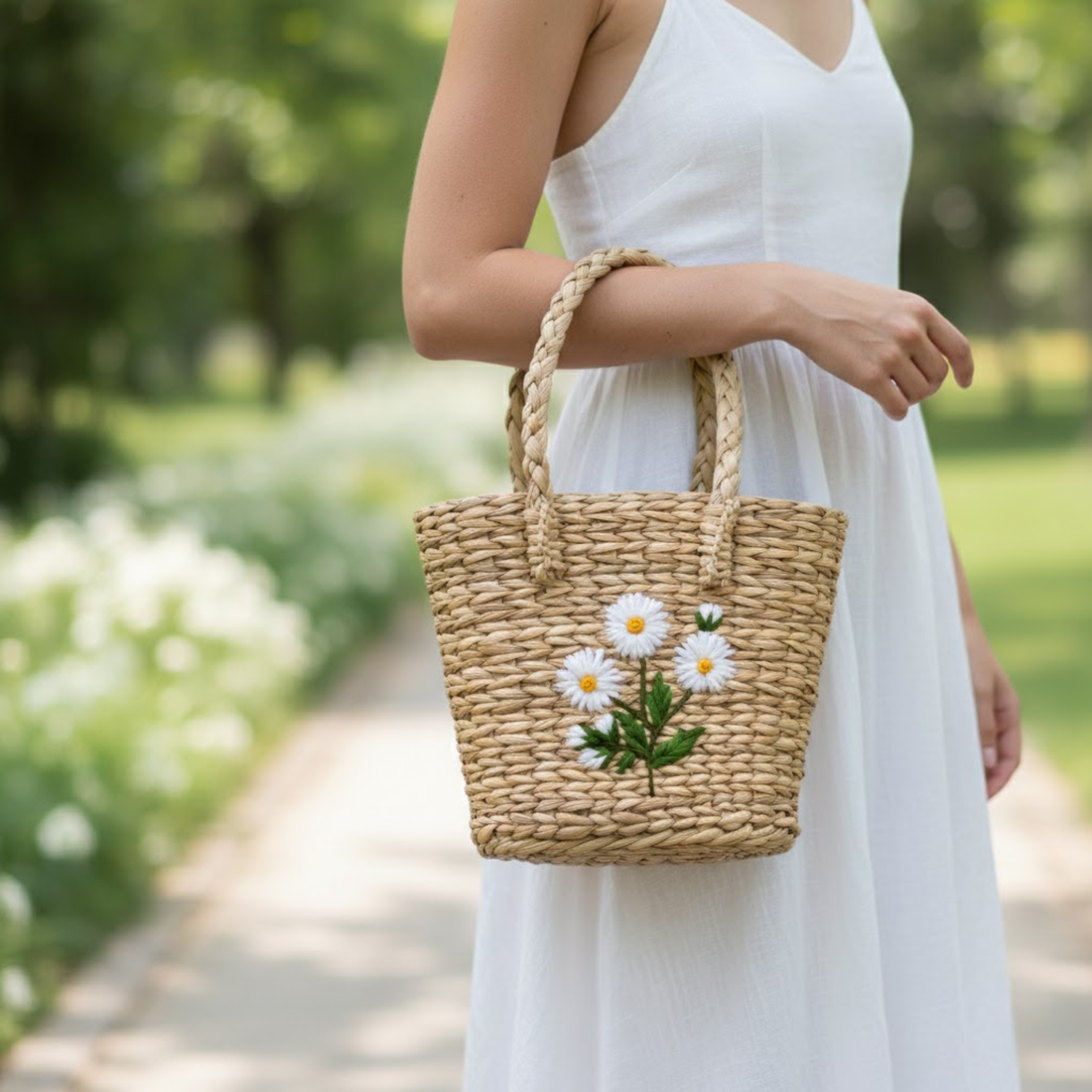 Handmade Woven Wooden Handbag with White Daisy Embroidery