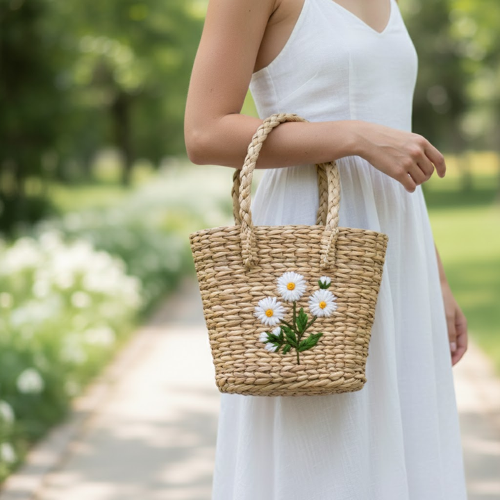 Handmade Woven Wooden Handbag with White Daisy Embroidery
